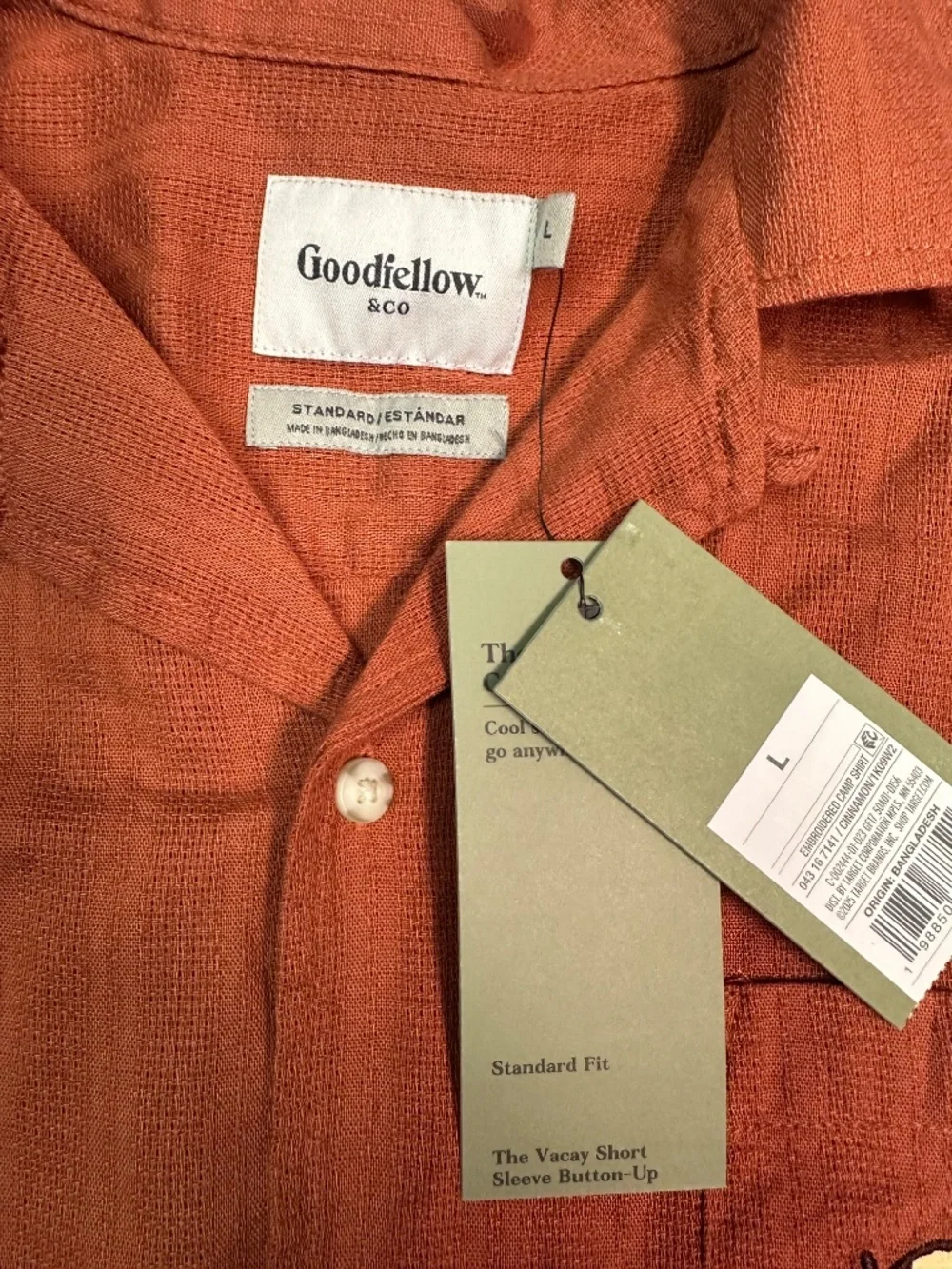 Goodfellow Men's Short-Sleeve Cuban Shirt in Rust with Embroidered Pocket. Sz L.
